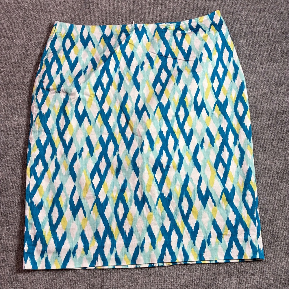 Ann Taylor Pencil Skirt Womens 10 Blue Teal Ikat Diamond Print Stretch‎